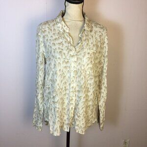 Calvin Klein Shirt Blouse Size M Womans Ivory Tan Printed Long Sleeve Button Up